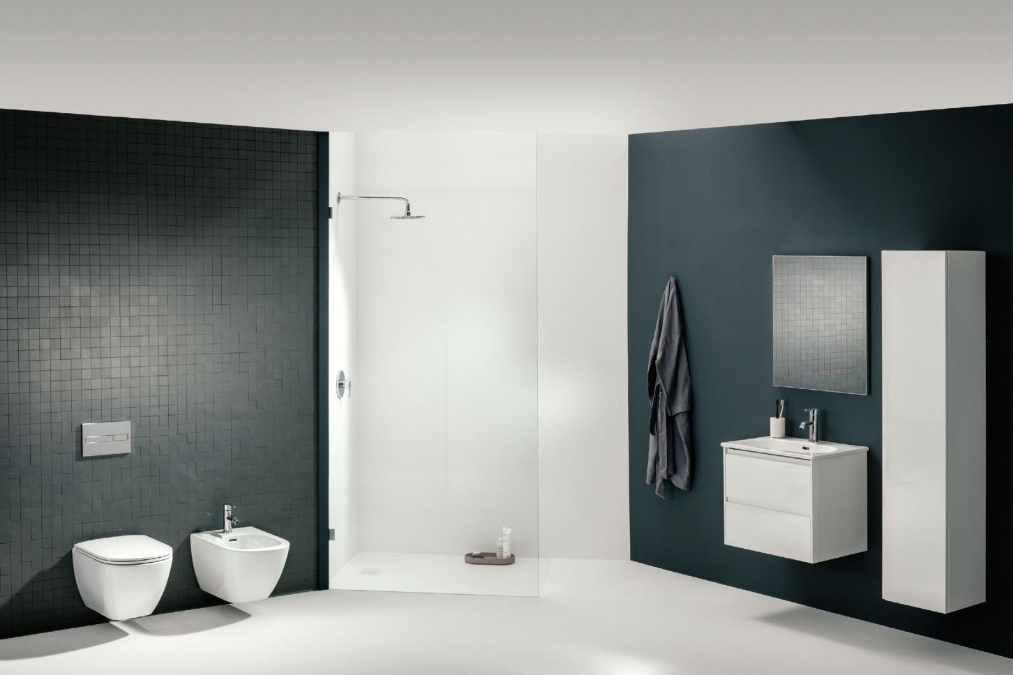 Washbasin, vanity unit, tall unit, bidet, square mirror, shower and wall mounted WC. 