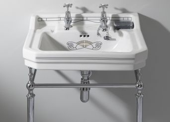 White detailed basin with metal stand. 