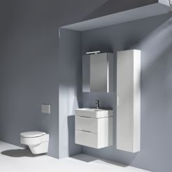 Washbasin and vanity with drawers, wall hung WC and tall unit.