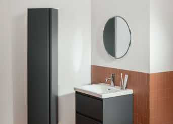 Washbasin, vanity unit, tall unit and circle mirror. 