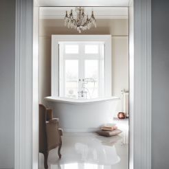 White bathtub with chrome fixtures. 