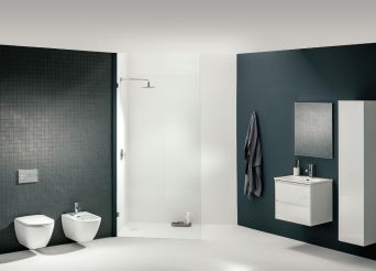 Washbasin, vanity unit, tall unit, bidet, square mirror, shower and wall mounted WC. 