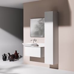 Counter top washbasin, vanity unit, tall cabinet and frame mirror